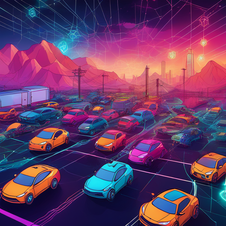 hand-drawn digital illustration of interconnected vehicles and blockchain network, Artstation HQ, digital art, vibrant colors