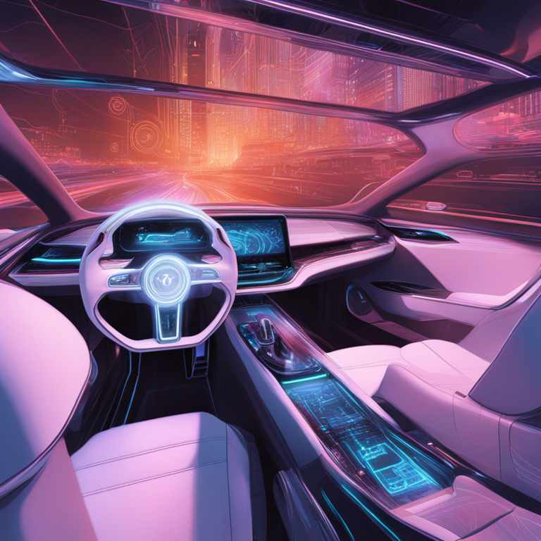 Conceptual digital art of AI chatbot interacting with vehicle data, hand-drawn, digital illustration, sleek lines, glowing interfaces, futuristic car interior, art by Donato Giancola, vibrant high-detail, trending on Artstation