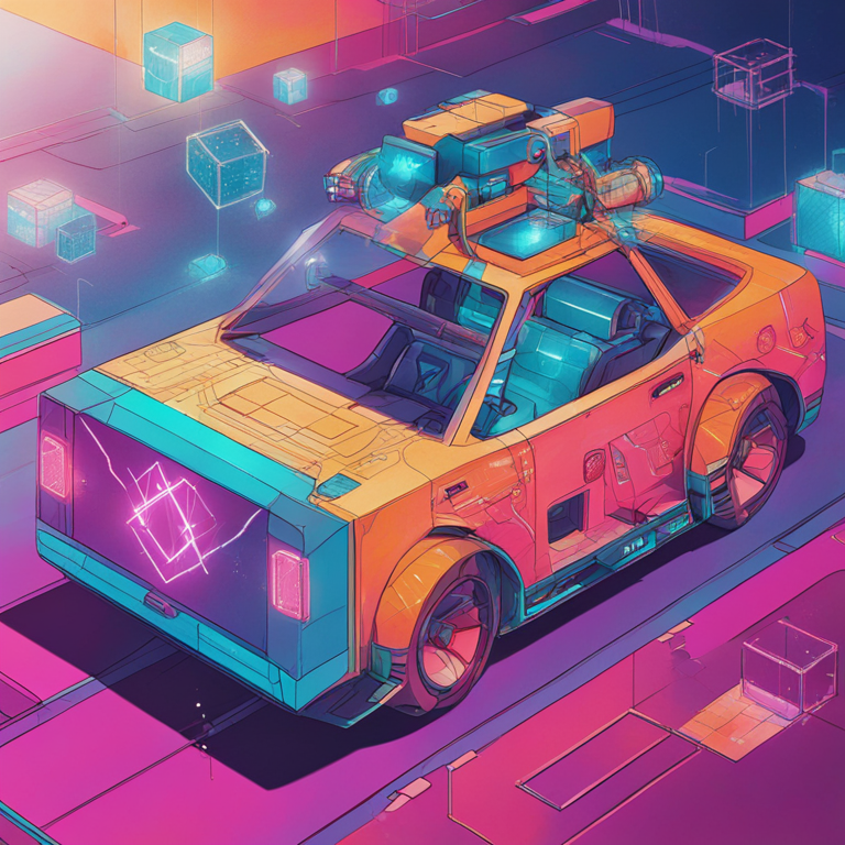 hand-drawn digital illustration, Artstation HQ, digital art, abstract representation of AI and blockchain integration, colorful, modern, trendy magazine style, hinted futuristic vehicle connectivity, drawn by Kelly McKernan and Beeple