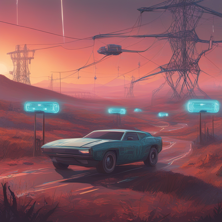 hand-drawn digital illustration, Artstation HQ, digital art, representation of blockchain's impact on vehicle connectivity, abstract but vivid, includes elements showing decentralized networks and futuristic vehicles, art by Peter Mohrbacher and Simon Stålenhag