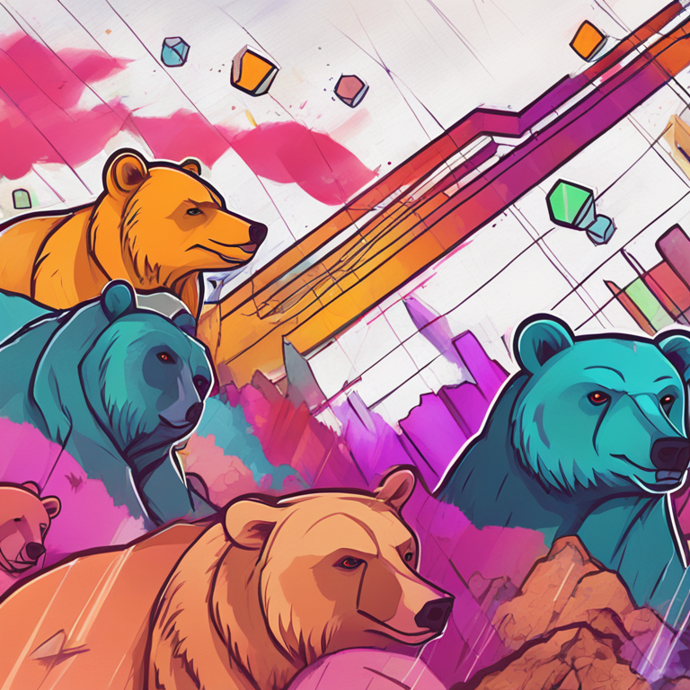 Hand-drawn digital illustration of a bearish cryptocurrency market, showcasing dynamic charts and a descending trend line, with bears symbolically pushing down the figures, Artstation HQ, vivid colors, digital art.