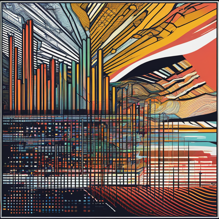 Hand-drawn digital illustration of a graph showing a flag pattern in cryptocurrency, Artstation HQ, digital art, modern, intricate lines, vibrant colors highlighting trend movements, reminiscent of trading charts with a playful twist.