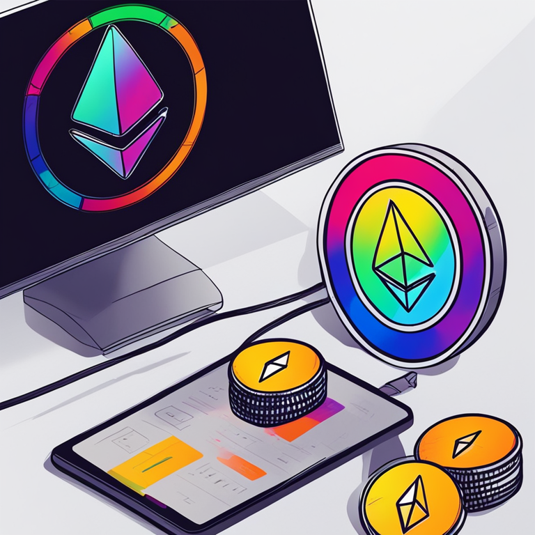 Ethereum network incorporating QCAD, hand-drawn digital illustration, Artstation HQ, digital art, Ethereum blockchain visualized with colorful tokens, sleek and modern design, technical elements prominently displayed, trending, high-tech