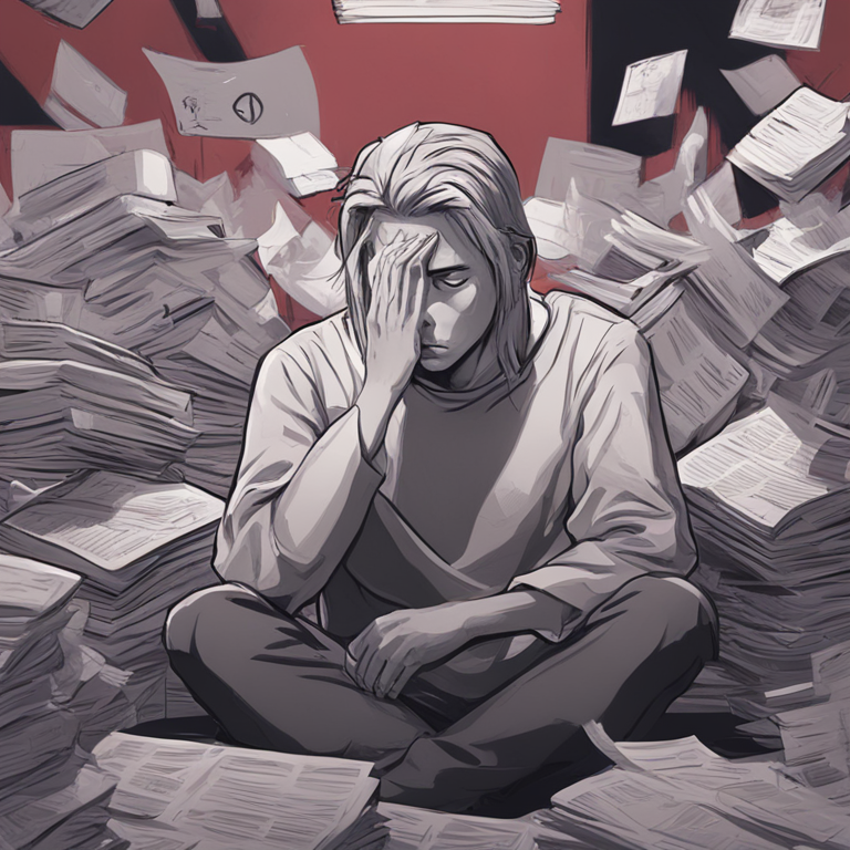 illustration of a worried figure surrounded by misinformation, Artstation HQ, digital art