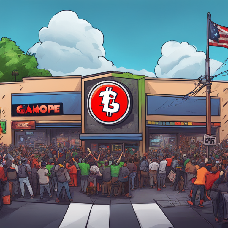 hand-drawn digital illustration of GameStop and PEPE rally, Artstation HQ, trending digital art, detailed market graphics, dramatic upward trends, vibrant and chaotic cryptocurrency scene