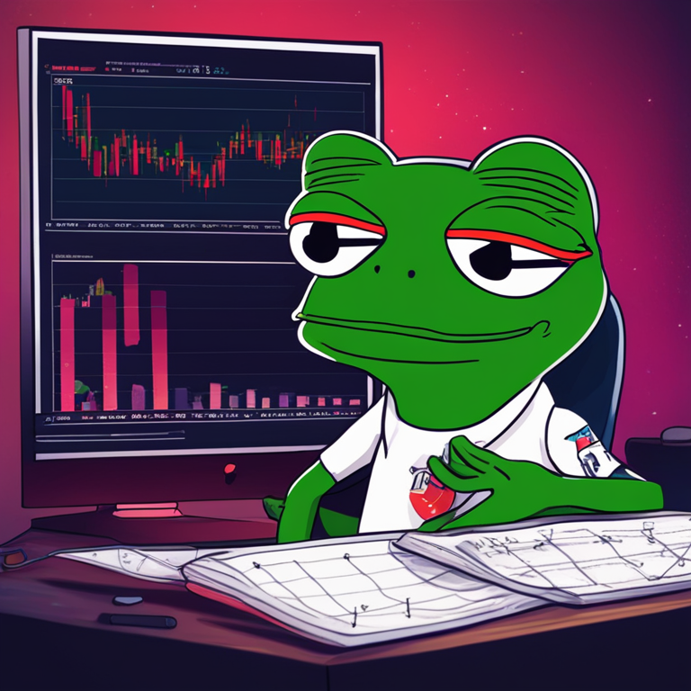 Hand-drawn digital illustration of PEPE the Frog meme, with financial charts and GameStop (GME) logo, trending on Artstation, vibrant and humorous digital art style