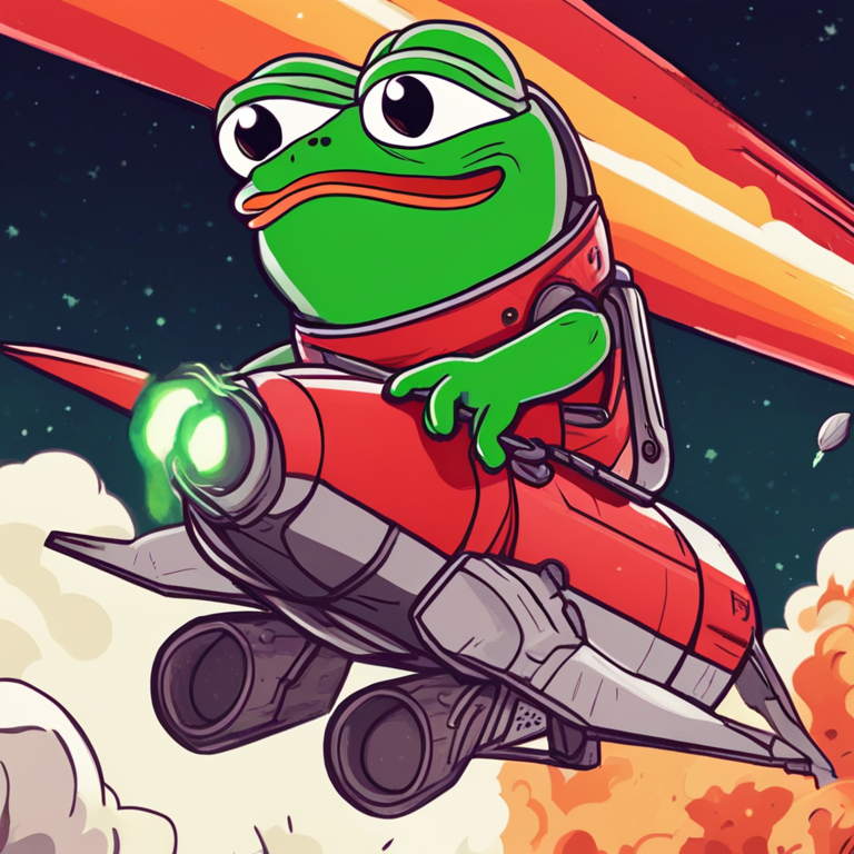 Hand-drawn digital illustration of PEPE the Frog meme on a rocket, charging upward towards a price target, trending on Artstation, exuberant digital art style