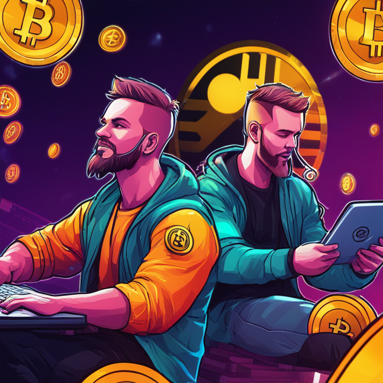 Illustration of two enthusiastic cryptocurrency traders checking the real-time listing of FLOKI on Binance Thailand, bright colors, modern digital art