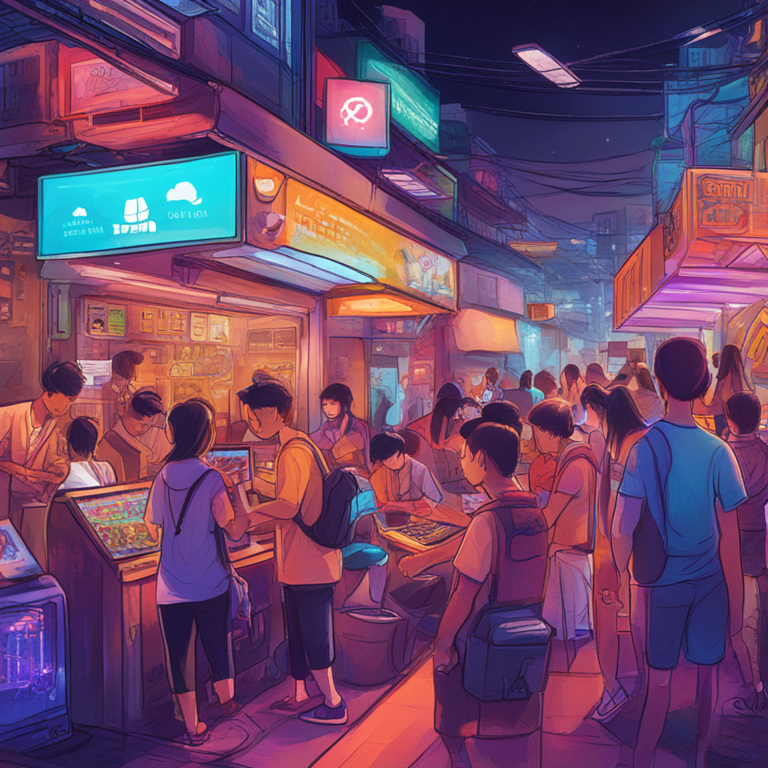 Hand-drawn digital illustration of people using cryptocurrencies in daily life in Thailand, Artstation HQ, vibrant colors, representing widespread digital asset adoption