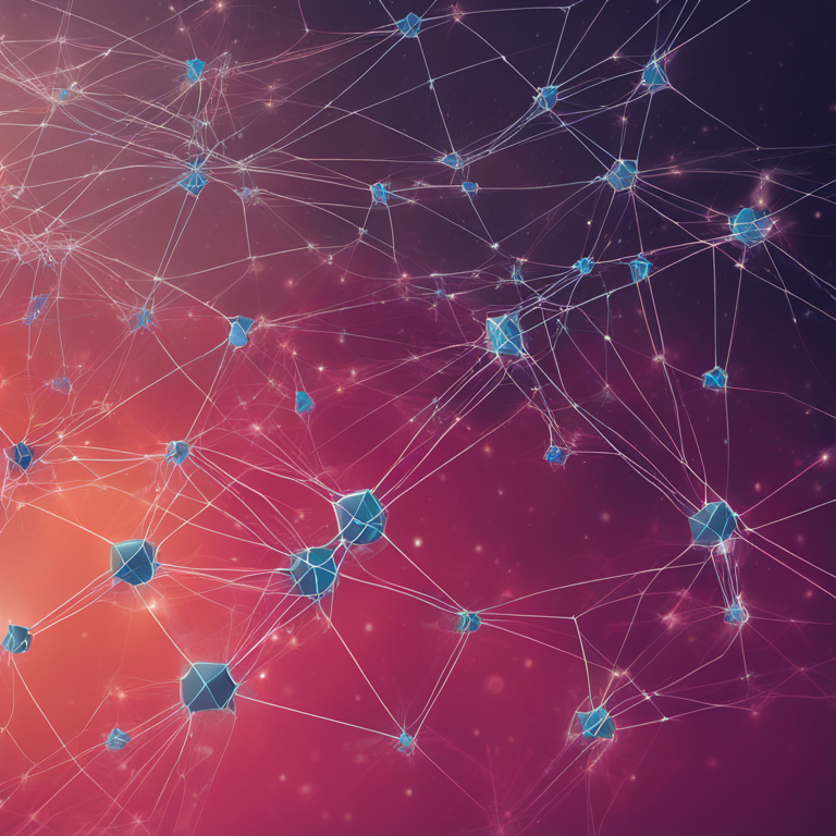 Stylized digital illustration showing a network of interconnected blockchain nodes in freefall, with diminishing lines of connections, Artstation HQ, digital art