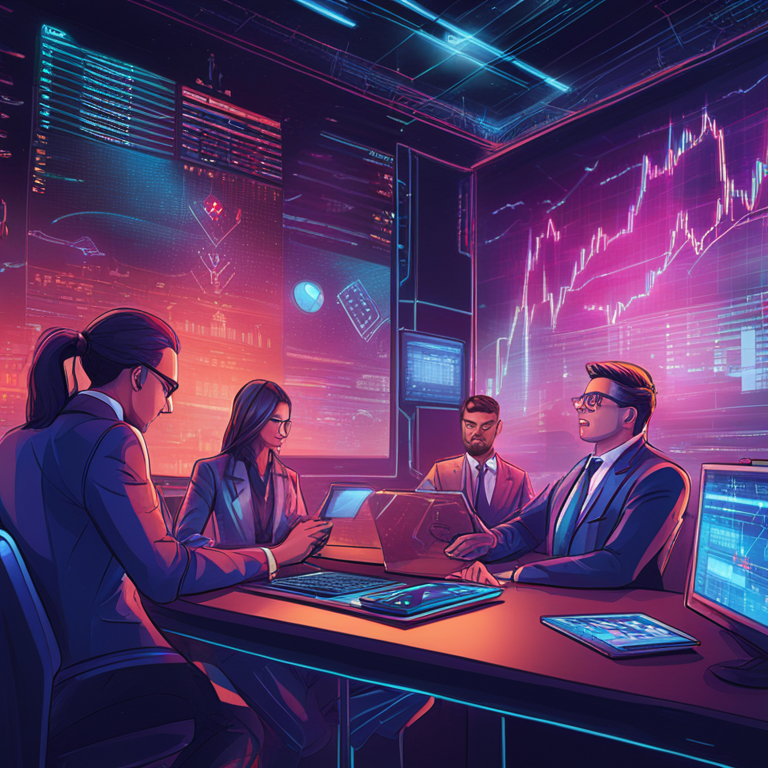 Hand-drawn digital illustration of a futuristic financial trading scene, high-resolution, vibrant colors, digital art, trending on Artstation, financial market trends, human emotions in AI interactions, Render Network logo prominently featured