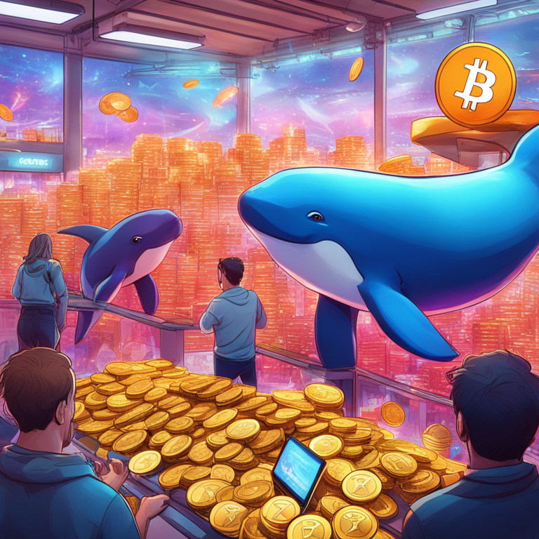 Artistic digital illustration depicting cryptocurrency whales making large purchases, realistic, vivid colors, human emotions in AI, digital art featured on Artstation, high-market activity in cryptocurrency with the Render Network logo prominently featured