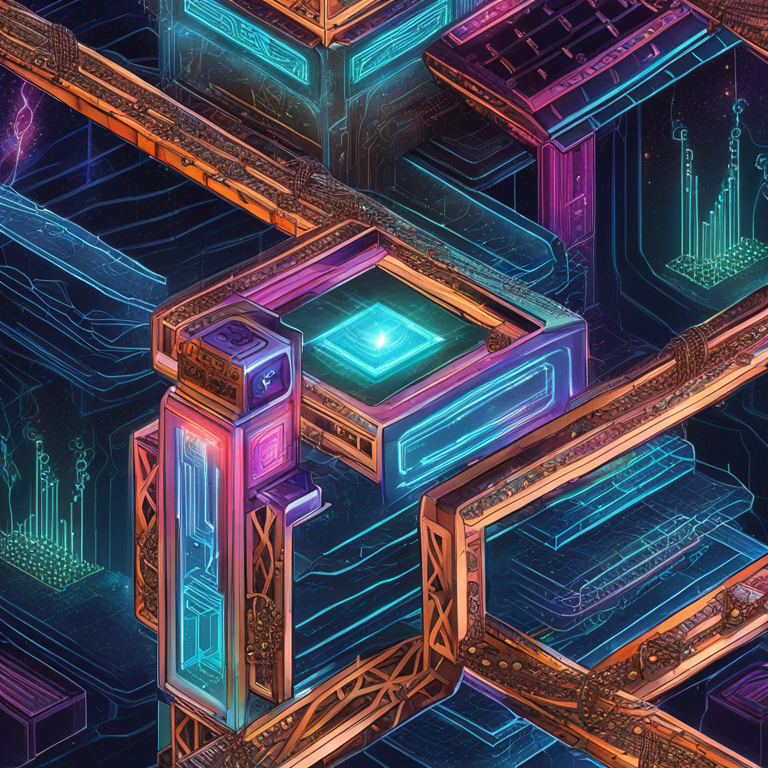 hand-drawn digital illustration, Artstation HQ, digital art of futuristic blockchain stack, detailed, intricate chains, vibrant colors, tech cosmos aesthetic