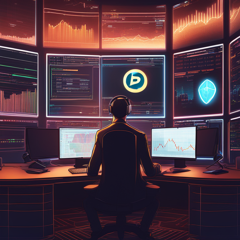 digital illustration of a cryptocurrency trader tracking memecoin transactions in a high-tech environment, trading screens, and charts in the background, Artstation HQ style