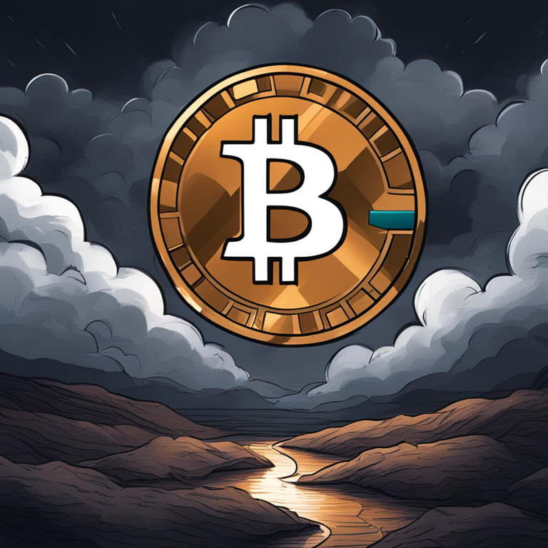 Hand-drawn digital illustration of Bitcoin under a stormy sky, digital art, Artstation HQ, capturing a bleak financial landscape, contrasting light and dark colors, abstract and moody, trending on Artstation