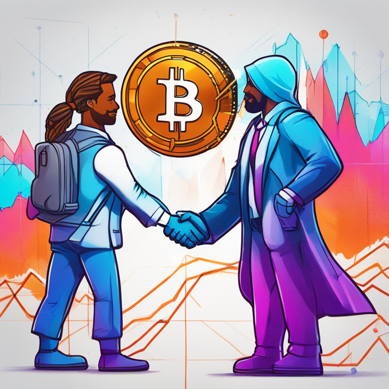 Hand-drawn digital illustration of XRP and Bitcoin characters shaking hands over a crypto trend graph, vibrant colors, Artstation HQ, futuristic, detailed, modern design, digital art, stock market elements