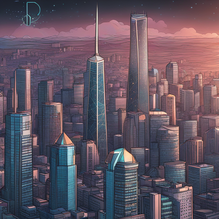 hand-drawn digital illustration, Artstation HQ, digital art, long-term bitcoin growth predictions, futuristic city skyline, trending on magazine publications