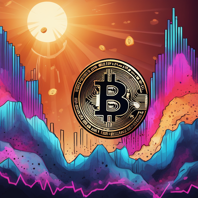 Hand-drawn digital illustration of a Bitcoin rising and falling with fluctuating market data. Artstation HQ, digital art, financial graphs, dynamic colors, modern design.