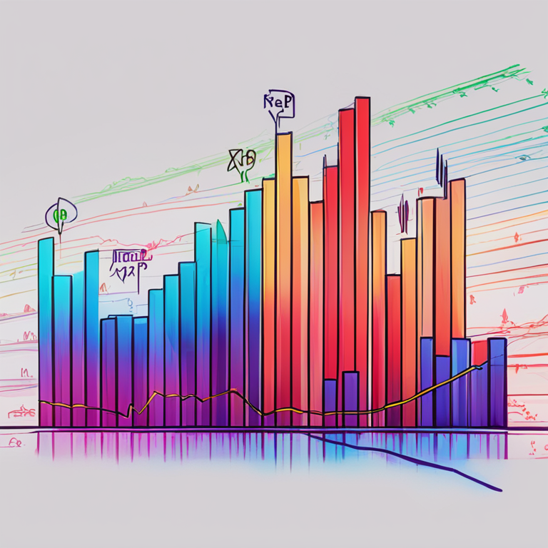 hand-drawn digital illustration, Artstation HQ, digital art of a financial graph showing Relative Strength Index and XRP price action, vibrant colors, modern and detailed