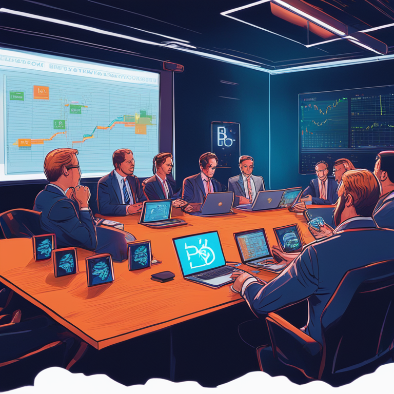 hand-drawn digital illustration, Artstation HQ, digital art, pension fund strategy meeting, financial advisors debating investment, high-tech boardroom, focused faces, laptops open, projection screen showing Bitcoin symbol, modern, detailed, vibrant colors, professional setting