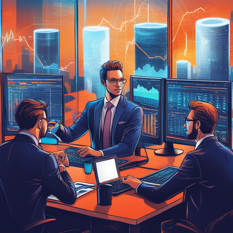 hand-drawn digital illustration, Artstation HQ, digital art, group of financial analysts in deep conversation, Bitcoin symbols floating around, detailed charts and data on monitors, modern office ambiance, crisp lines, vibrant colors, professional discussion, serious expressions