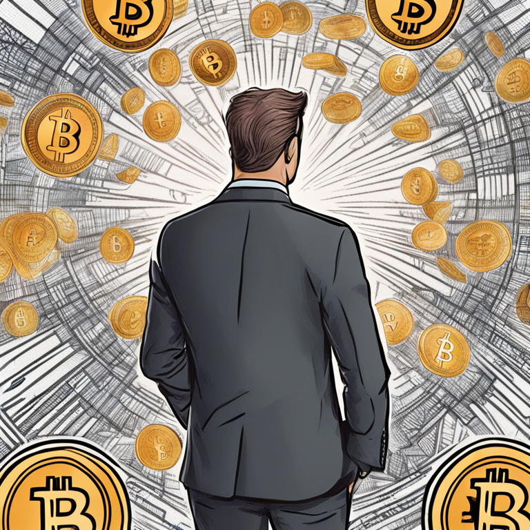 hand-drawn digital illustration of a businessman predicting future financial trends with bitcoins, digital art, Artstation HQ