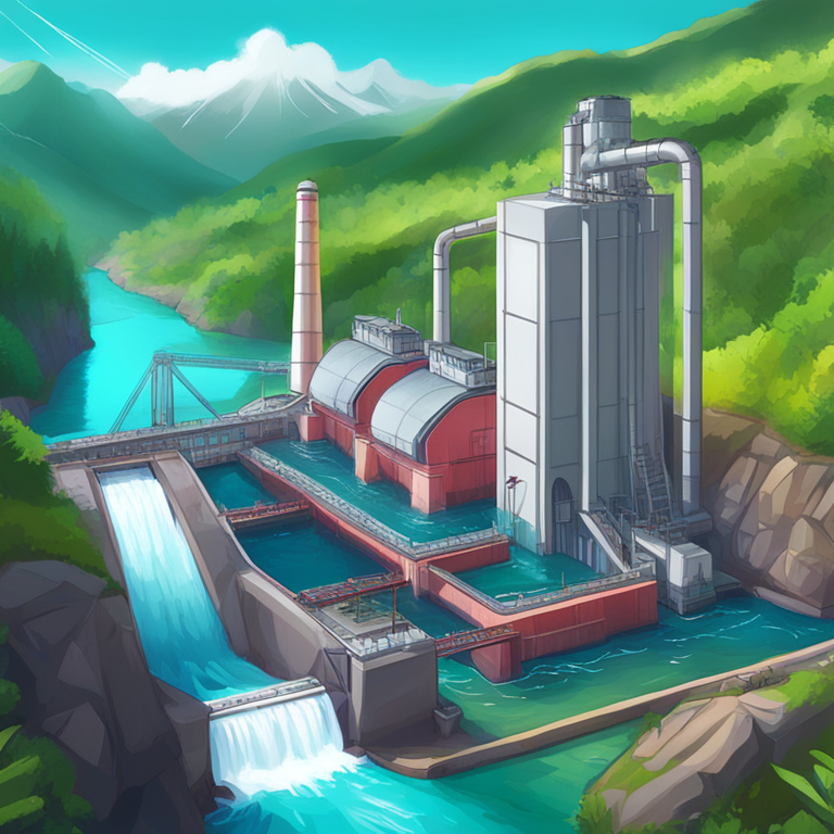 Hand-drawn digital illustration of hydropower facilities, detailed machinery with modern infrastructure, vivid colors, set in a lush, scenic landscape, inspired by Artstation HQ, digital art