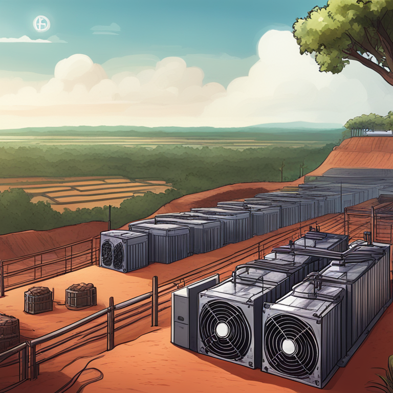 hand-drawn digital illustration of a bitcoin mining facility with Paraguay's landscape in the background, Artstation HQ, digital art