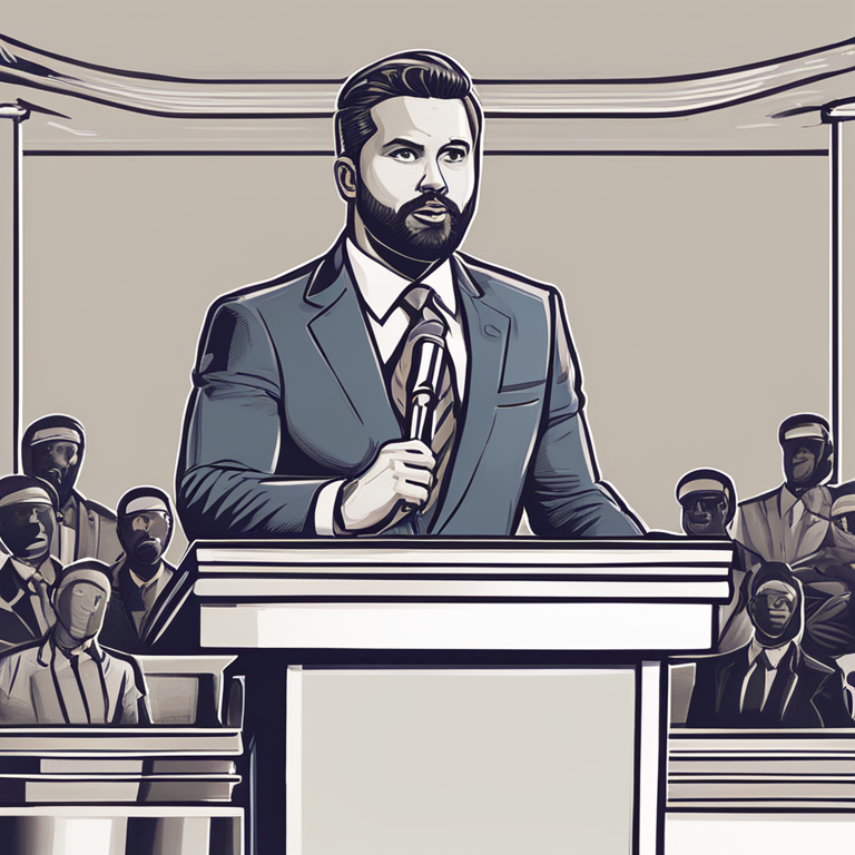 hand-drawn digital illustration of a professional speaking at a podium, depicting confidence and authority, Artstation HQ, digital art