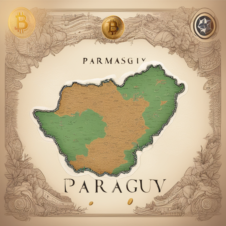 hand-drawn digital illustration of the Paraguay map with symbols of growth and bitcoin, Artstation HQ, digital art