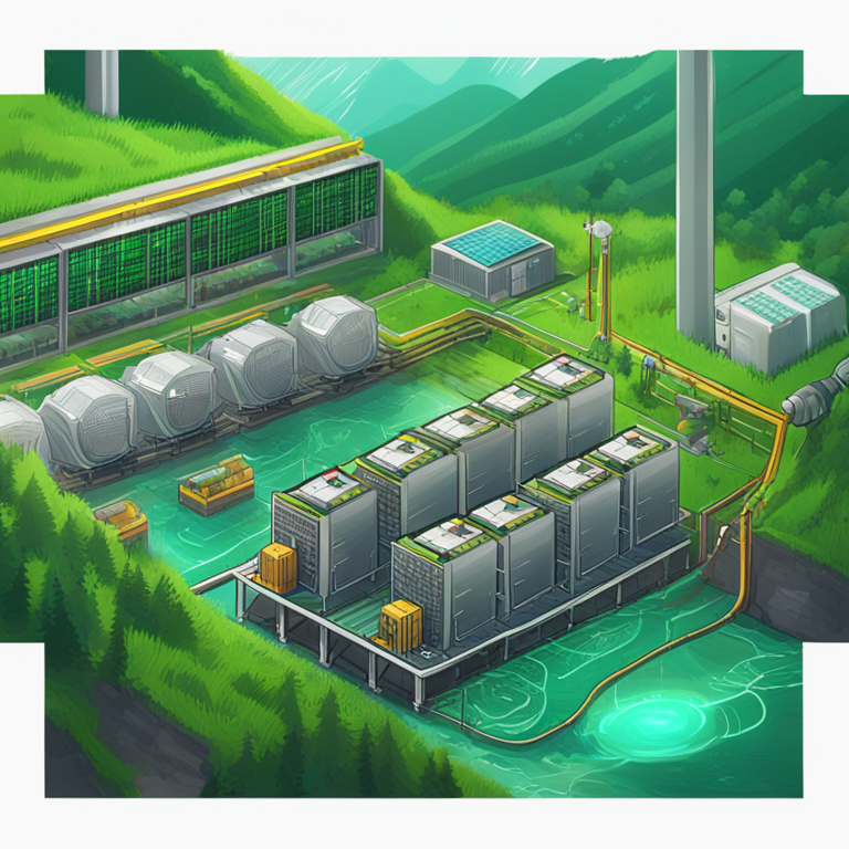 A vibrant illustration of a bustling cryptocurrency mining facility powered by hydropower, digital art, trending on Artstation, hand-drawn digital illustration, high-tech setup, lush green surroundings, detailed, Artstation HQ