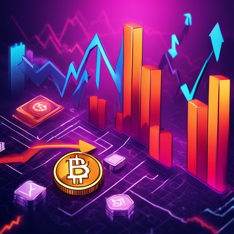 An abstract depiction of stock market trends with fluctuating arrows and cryptocurrency symbols, realistic yet artful composition, Artstation HQ, digital illustration, trending finance theme, vibrant colors, hand-drawn detailed graphics, digital art