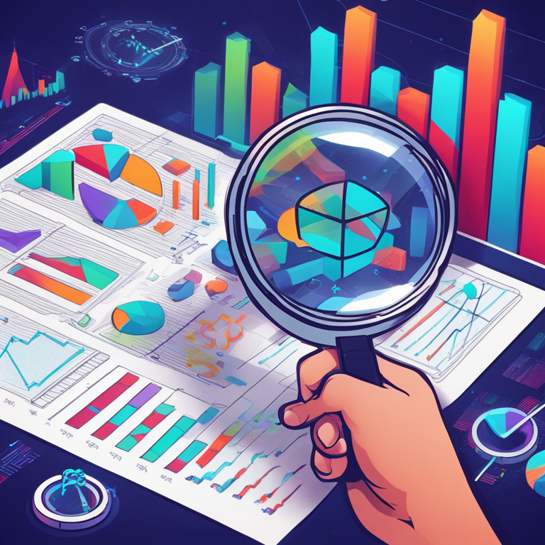 hand-drawn digital illustration, Artstation HQ, digital art, showing magnifying glass over blockchain symbols, featuring graphs and analytics, vibrant colors, techy, modern, crisp and detailed, digital art