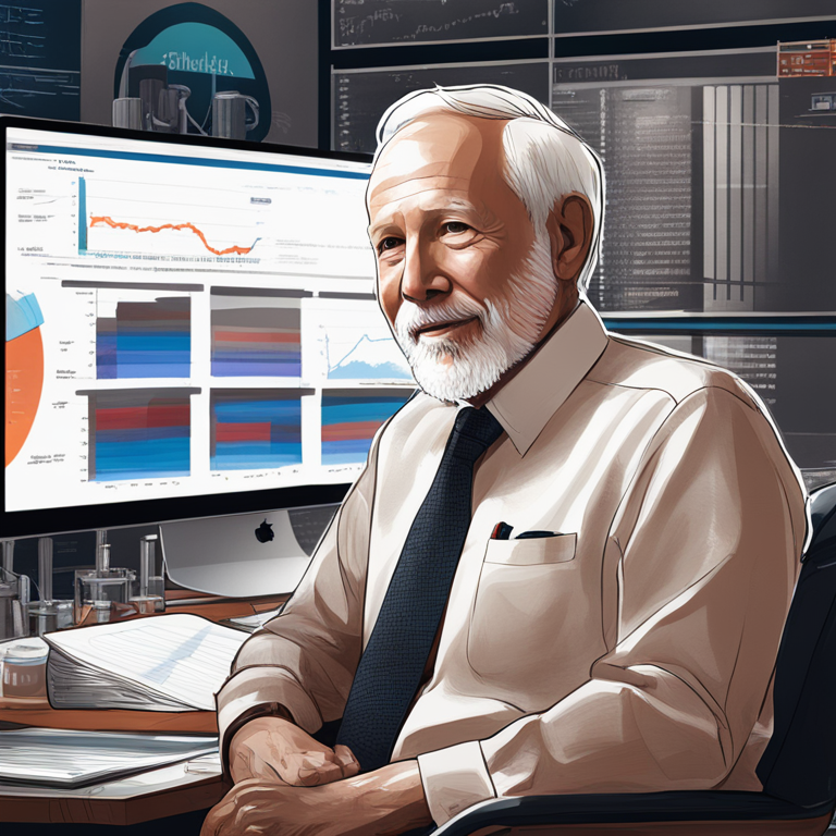 hand-drawn digital illustration of Jim Simons, Artstation HQ, digital art, sophisticated and modern financial backdrop, trending financial headlines