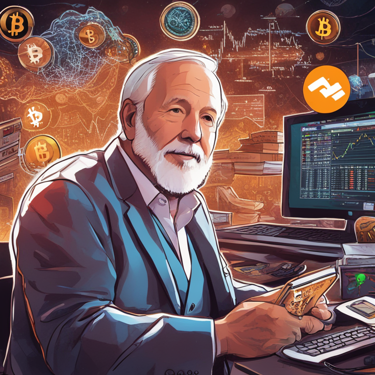 Hand-drawn digital illustration of Jim Simons holding GameStop and Bitcoin ETF stocks, surrounded by a mix of mathematical symbols and market trends, ArtStation HQ, digital art