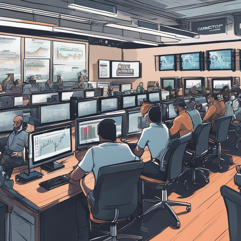 Hand-drawn digital illustration of market analysts at desks showing mixed reactions to a financial screen displaying GameStop and Bitcoin trends, ArtStation HQ, digital art