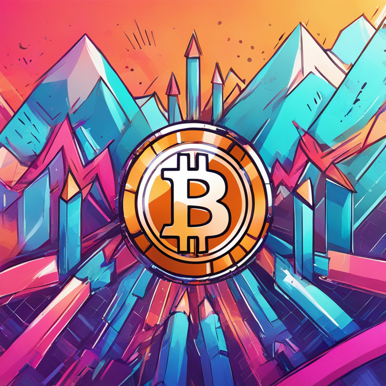 hand-drawn digital illustration of colorful Bitcoin and ETF symbols, dynamic arrows showing financial growth, Artstation HQ, digital art, abstract financial background