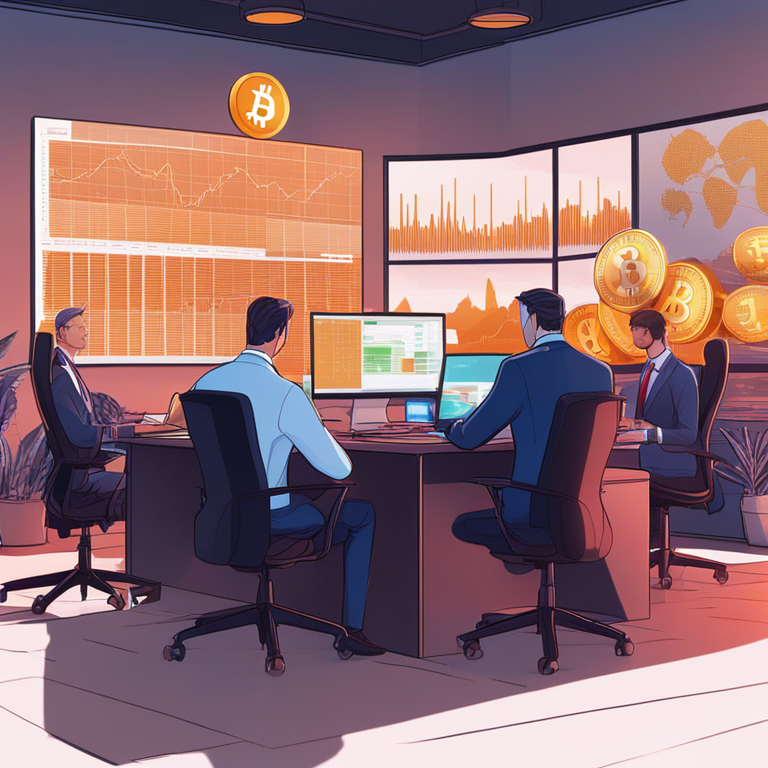 illustration of financial analysts studying Bitcoin graphs, modern digital art, stocks, and cryptocurrency in a sophisticated office, trending on Artstation