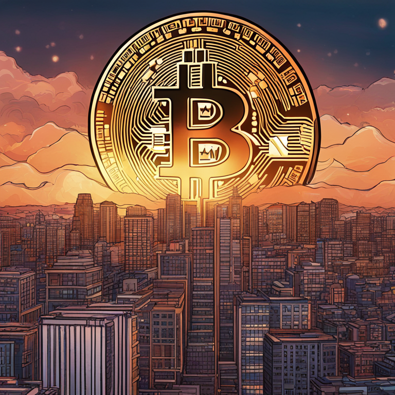 hand-drawn digital illustration of giant floating bitcoin above cityscape, Artstation HQ, digital art, dynamic composition, influenced by Art Nouveau and contemporary crypto art trends, high detail, abstract background