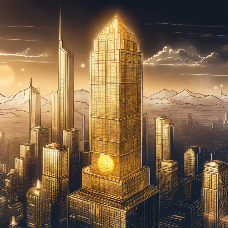 hand-drawn digital illustration of a skyscraper made out of gold bitcoins supported by financial charts, Artstation HQ, digital art, futuristic cityscape, high detail, stylish and modern