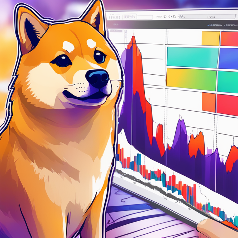 hand-drawn digital illustration, digital art showing Dogecoin growth charts, Artstation HQ, vibrant colors, trending on Artstation, business analysis, abstract representation of crypto trading volume, high-tech, modern