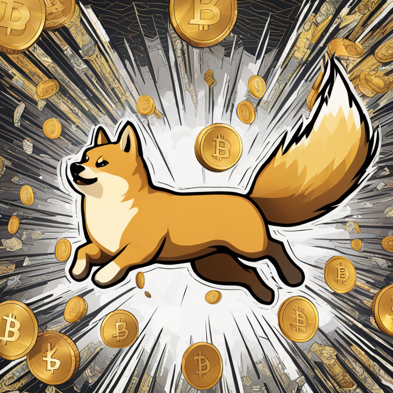 detailed hand-drawn digital illustration of Dogecoin cryptocurrency symbol soaring, Artstation HQ, digital art, meme coin dynamics, intricate and vibrant lines, trending on Artstation, high-energy, abstract trading representation, modern trading desk setting