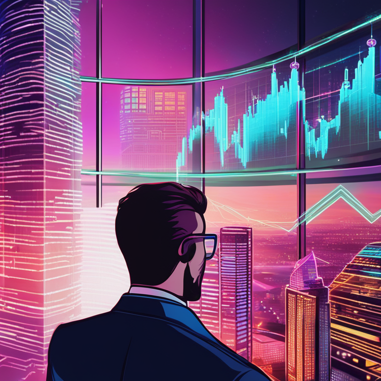 hand-drawn digital illustration, Artstation HQ, digital art, CEO predicting cryptocurrency market trends, vibrant colors, futuristic cityscape backdrop, high-tech, sophisticated financial chart overlay, trending on Artstation