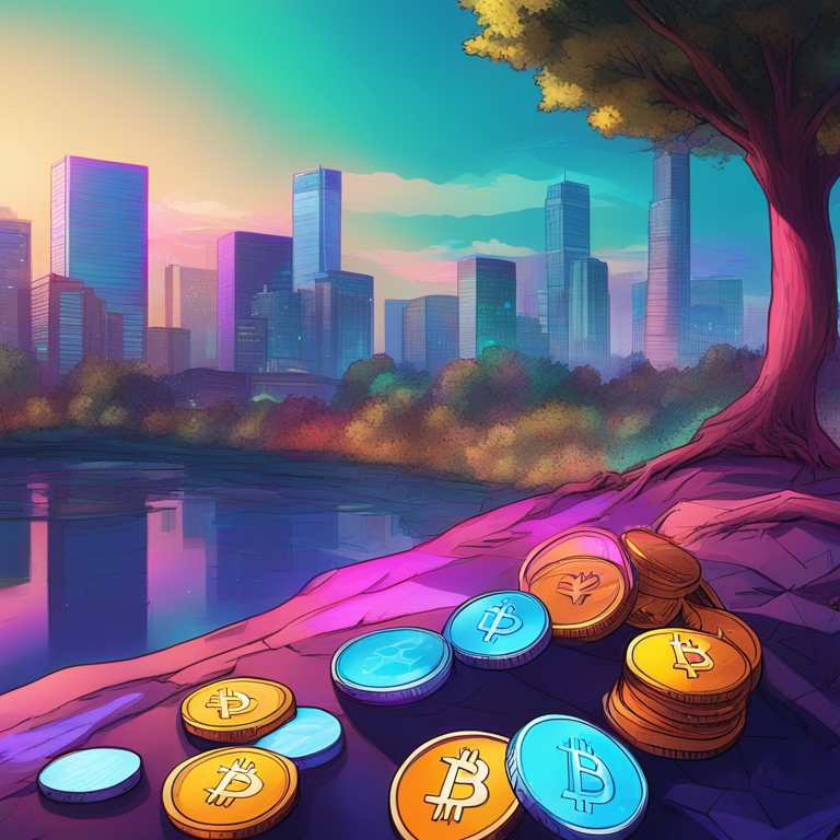 hand-drawn digital illustration, Artstation HQ, digital art, consolidation phase of cryptocurrencies, vibrant colors, coins resting under a tree, futuristic and tranquil cityscape backdrop, trending on Artstation