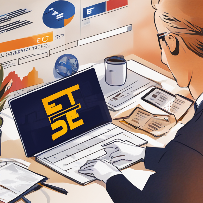 Digital illustration showing various ETF applications being reviewed under SEC logo, modern art, digital illustration