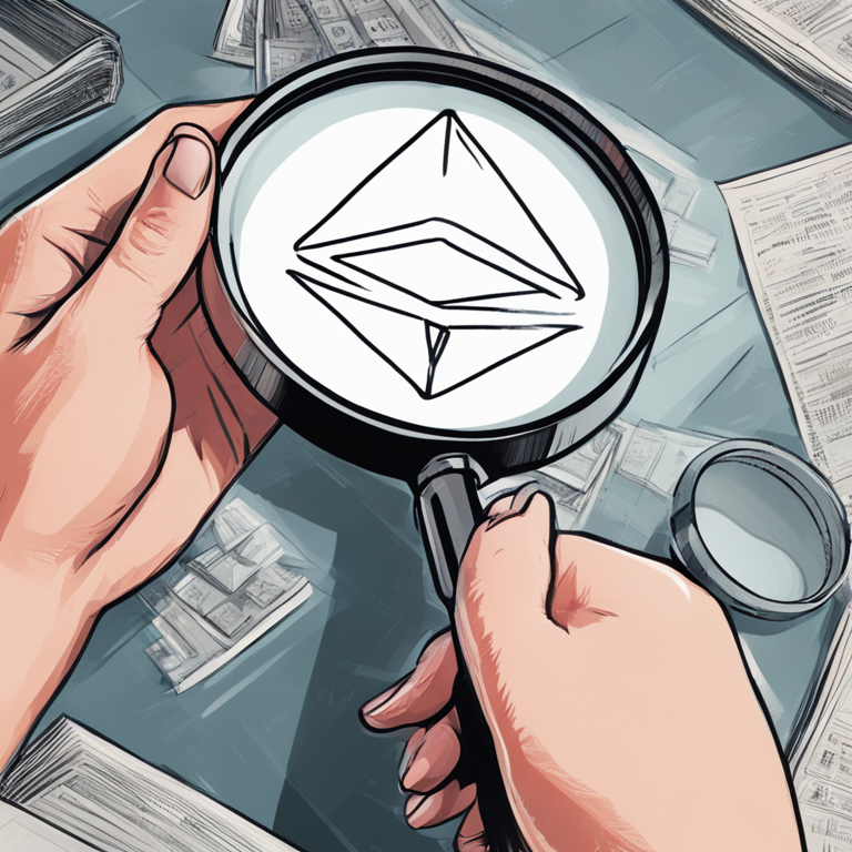 hand-drawn digital illustration of Ethereum symbol being examined under a magnifying glass, suggesting regulatory scrutiny, in the style of a trendy magazine cover, Artstation HQ, digital art