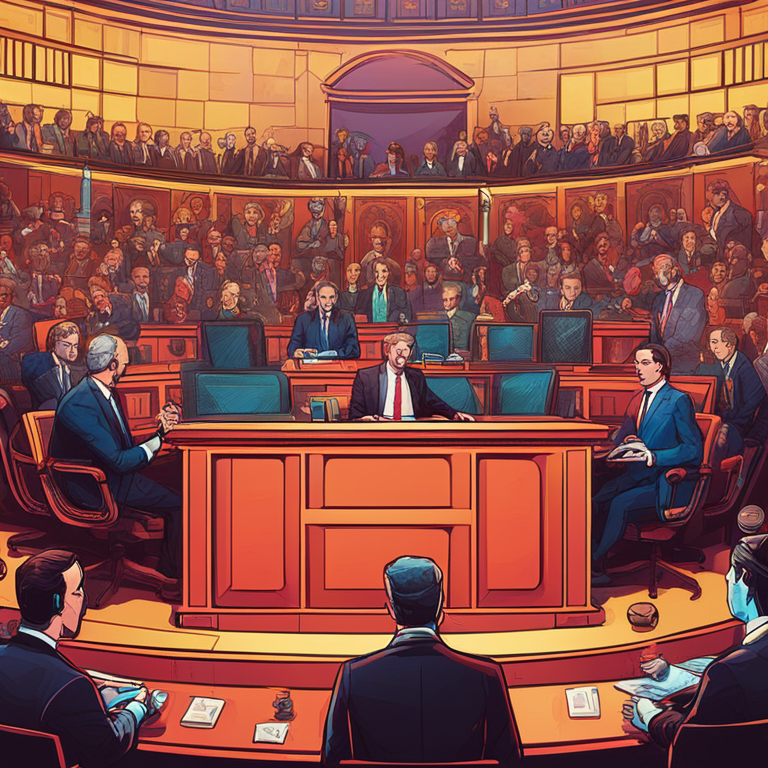 a depiction of politicians in a legislative chamber debating cryptocurrency regulations, illustrated in a vibrant, digital art style, reminiscent of Artstation’s high-quality magazine covers