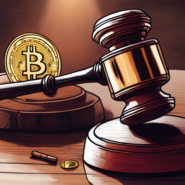 illustration of a gavel and a cryptocurrency logo under scrutiny, hand-drawn digital illustration, Artstation HQ, digital art