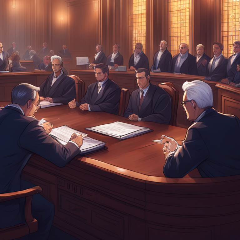 Detailed digital illustration of judges discussing crypto donations ban, Artstation HQ, digital art