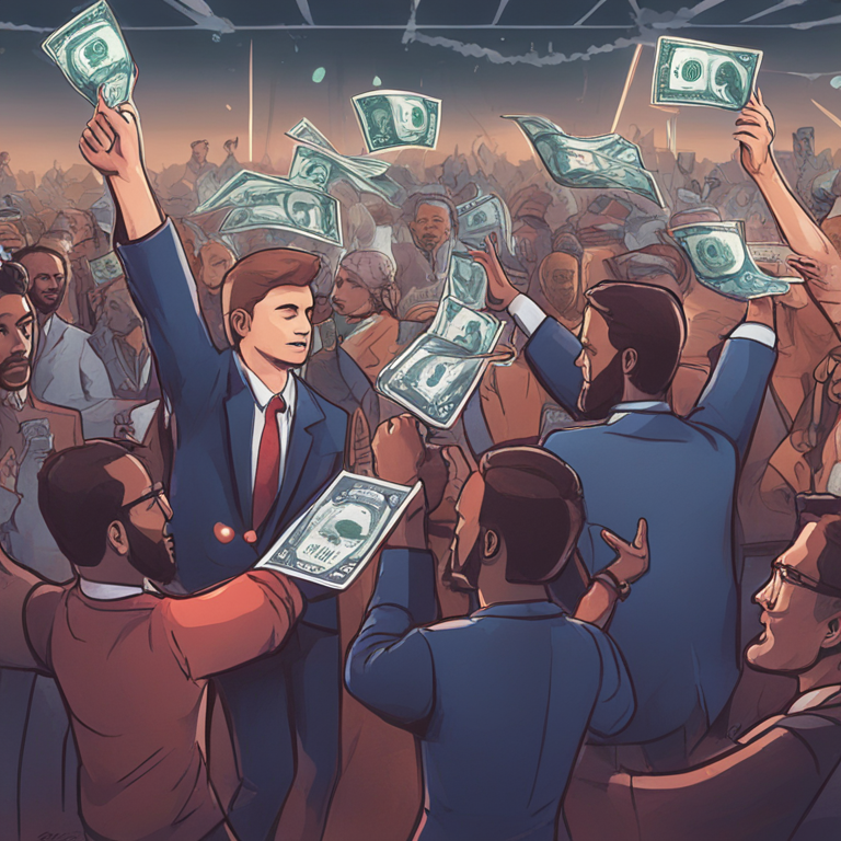 A hand-drawn digital illustration of a traditional political scene. Various figures from different backgrounds are depicted exchanging currency notes, with a crossed-out Bitcoin symbol looming above, Artstation HQ, digital art, magazine style, stable diffusion.